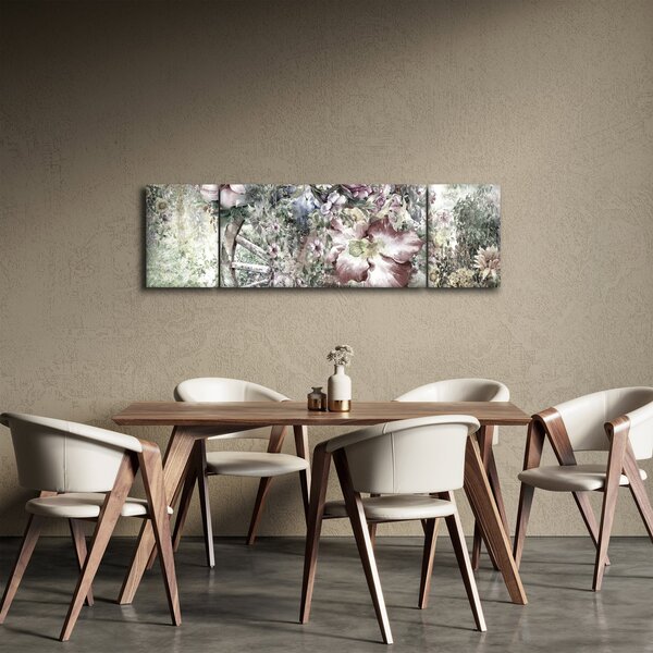 Obraz kwiatów na drewnianym kole (170x50 cm)
