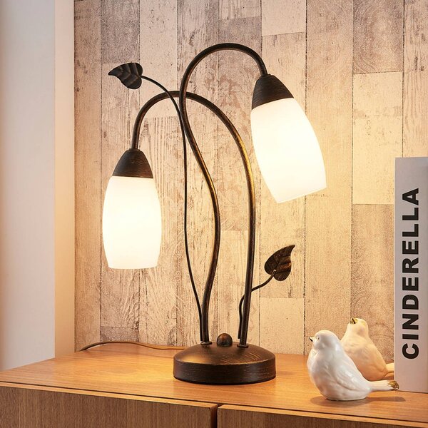 Lampa stołowa Stefania Lindby, brązowy / rdzawy, salon / jadalnia, szkło, antyczny