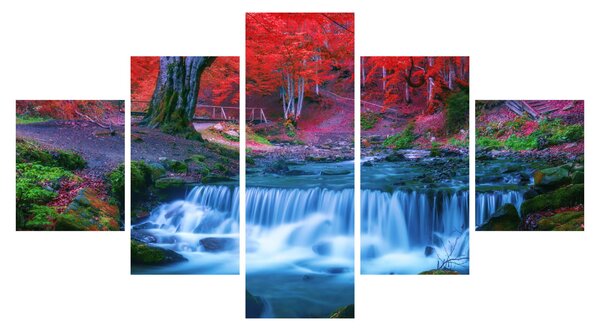 Obraz wodospadu w czerwonym lesie (125x70 cm)