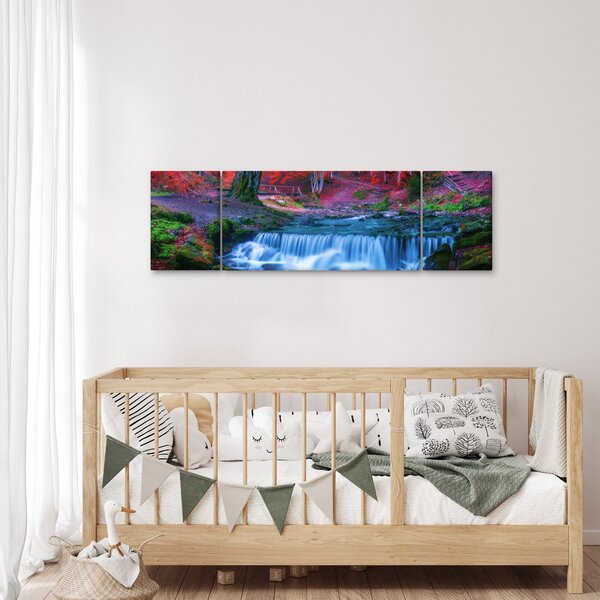 Obraz wodospadu w czerwonym lesie (170x50 cm)