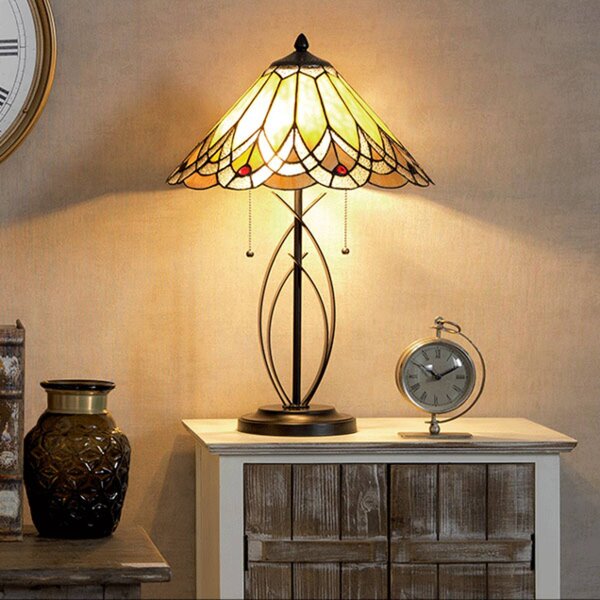 Clayre&Eef Lampa stołowa tiffany 5186, kremowy / amber, salon / jadalnia, szkło, tiffany