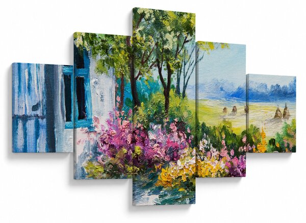 Obraz ogrodu przed domem, obraz olejny (125x70 cm)