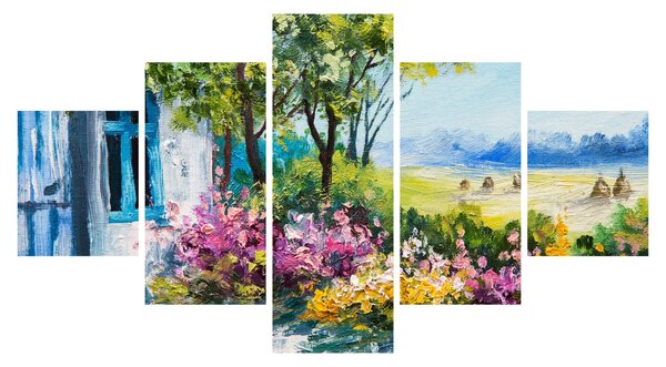 Obraz ogrodu przed domem, obraz olejny (125x70 cm)