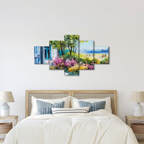Obraz ogrodu przed domem, obraz olejny (125x70 cm)