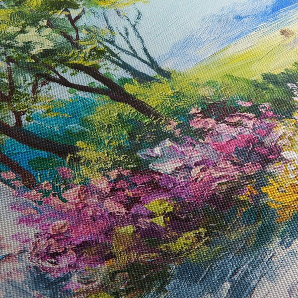 Obraz ogrodu przed domem, obraz olejny (170x50 cm)