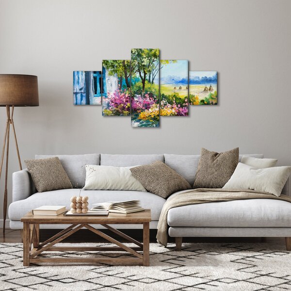 Obraz ogrodu przed domem, obraz olejny (125x70 cm)