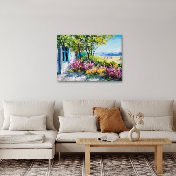 Obraz ogrodu przed domem, obraz olejny (70x50 cm)