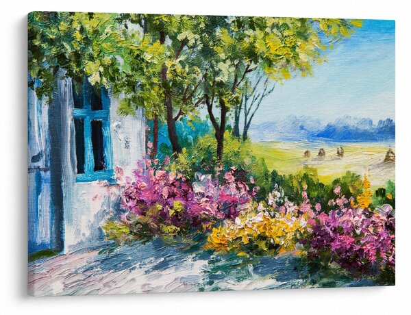 Obraz ogrodu przed domem, obraz olejny (70x50 cm)