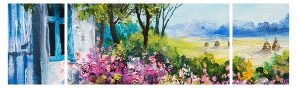 Obraz ogrodu przed domem, obraz olejny (170x50 cm)