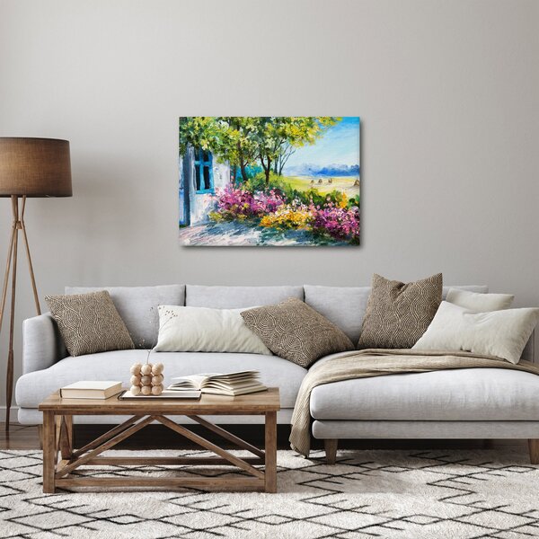 Obraz ogrodu przed domem, obraz olejny (70x50 cm)