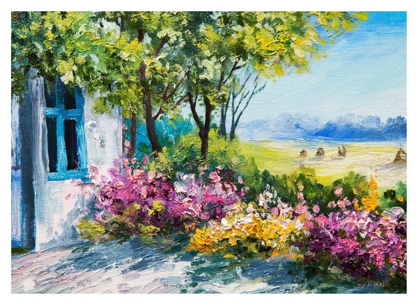 Obraz ogrodu przed domem, obraz olejny (70x50 cm)