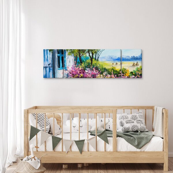 Obraz ogrodu przed domem, obraz olejny (170x50 cm)