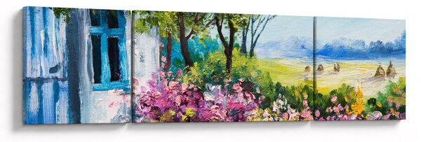 Obraz ogrodu przed domem, obraz olejny (170x50 cm)