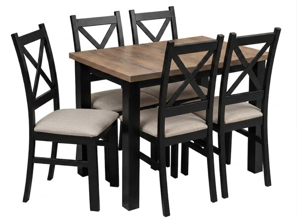 Zestaw stół 120x80 Czarny/Dąb lefkas z 5 krzesłami Czarny/Beż K005-5
