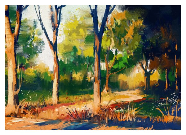 Obraz lasu w letnim słońcu, malarstwo (70x50 cm)