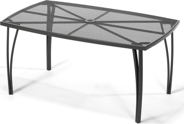 Prostoktny stó ogrodowy o wymiarach 150 x 90 x 71 cm wykonany jest z metalu z czarnym lakierowanym wykoczeniem