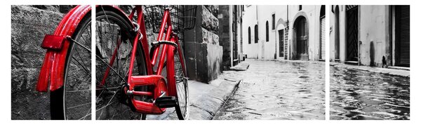 Obraz czerwonego roweru na brukowanej uliczce (170x50 cm)