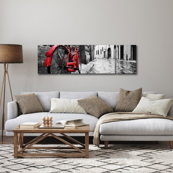 Obraz czerwonego roweru na brukowanej uliczce (170x50 cm)