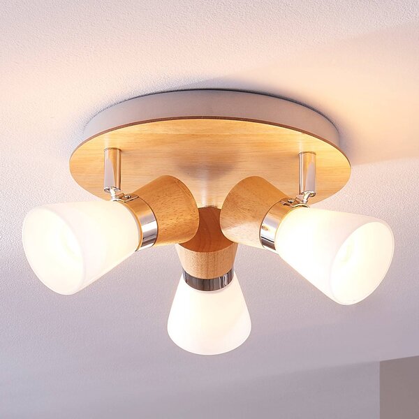 Lampa sufitowa Lindby Vivica, Ø 26 cm, chrom/drewno, 3-punktowa Vivica Lindby, możliwość ściemniania, jasne drewno, salon / jadalnia, drewno, skandynawski
