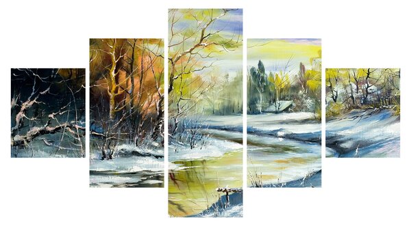 Obraz zimowej rzeki, obraz olejny (125x70 cm)