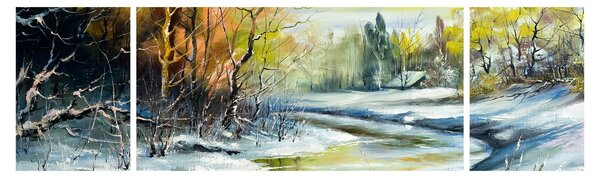 Obraz zimowej rzeki, obraz olejny (170x50 cm)