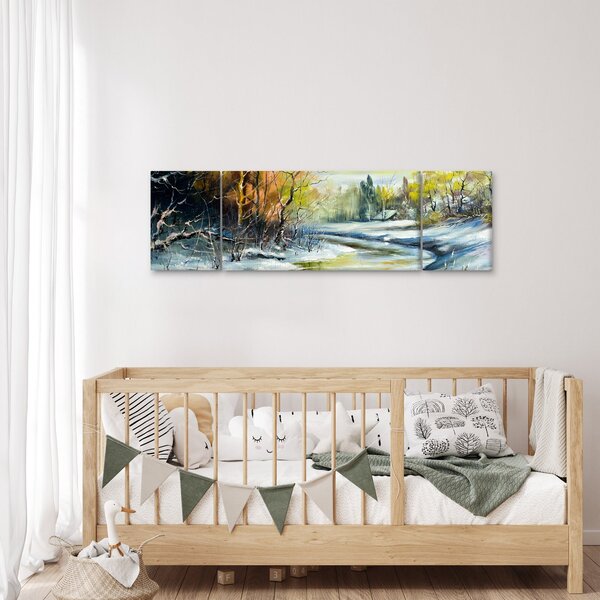 Obraz zimowej rzeki, obraz olejny (170x50 cm)