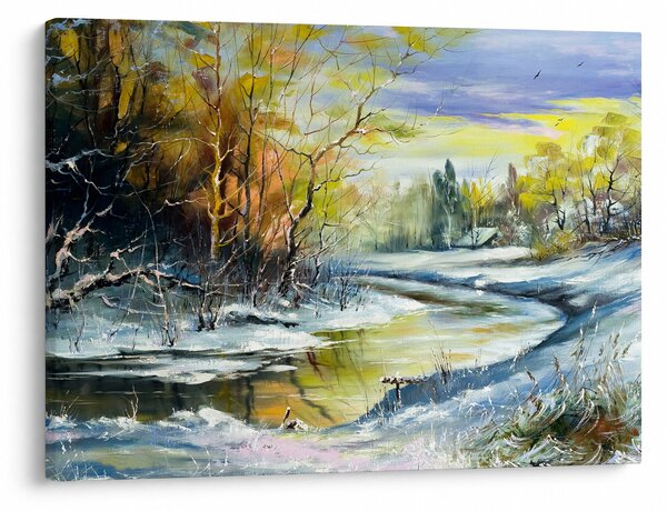 Obraz zimowej rzeki, obraz olejny (70x50 cm)