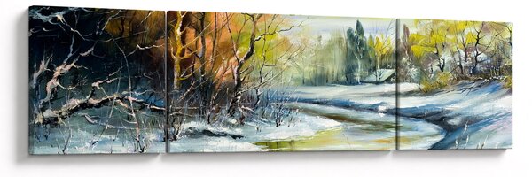 Obraz zimowej rzeki, obraz olejny (170x50 cm)