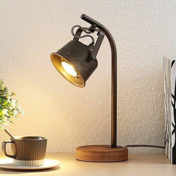 Lampa stołowa Rubinjo Lindby, ciemne drewno, salon / jadalnia, metal, vintage