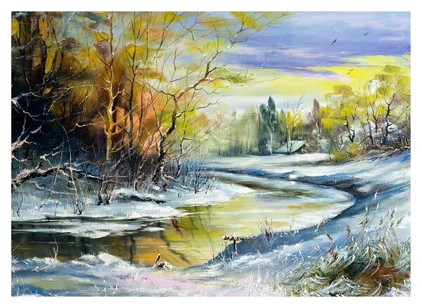 Obraz zimowej rzeki, obraz olejny (70x50 cm)