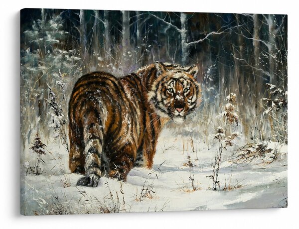 Obraz - Tygrys w zaśnieżonym lesie, obraz olejny (70x50 cm)