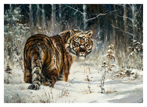 Obraz - Tygrys w zaśnieżonym lesie, obraz olejny (70x50 cm)