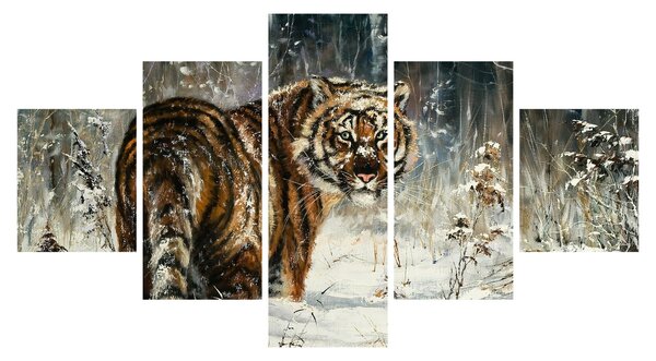Obraz - Tygrys w zaśnieżonym lesie, obraz olejny (125x70 cm)