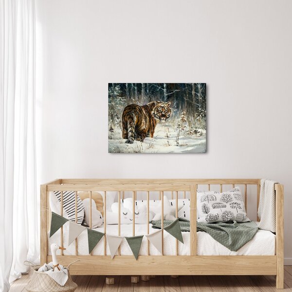 Obraz - Tygrys w zaśnieżonym lesie, obraz olejny (70x50 cm)