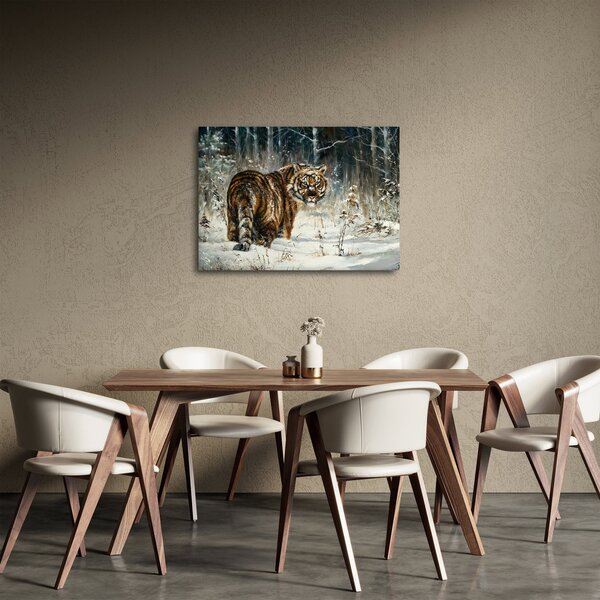 Obraz - Tygrys w zaśnieżonym lesie, obraz olejny (70x50 cm)