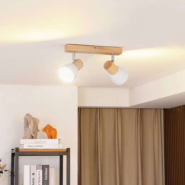 Lampa sufitowa Lindby Thorin, 27 cm, 2-punktowa, biały, drewno, E14 Thorin Lindby, możliwość ściemniania, jasne drewno, salon / jadalnia, drewno, skandynawski