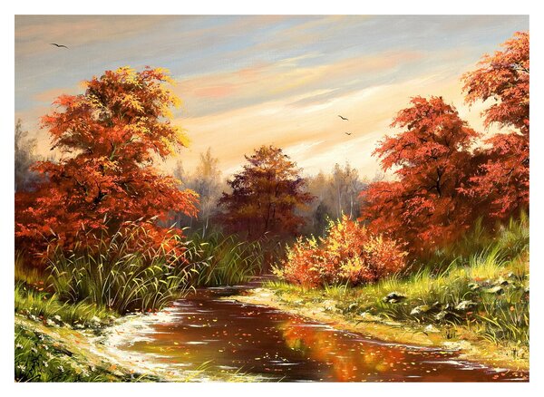 Obraz rzeki w jesiennym krajobrazie, obraz olejny (70x50 cm)