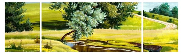 Obraz - rzeka między łąkami, obraz olejny (170x50 cm)
