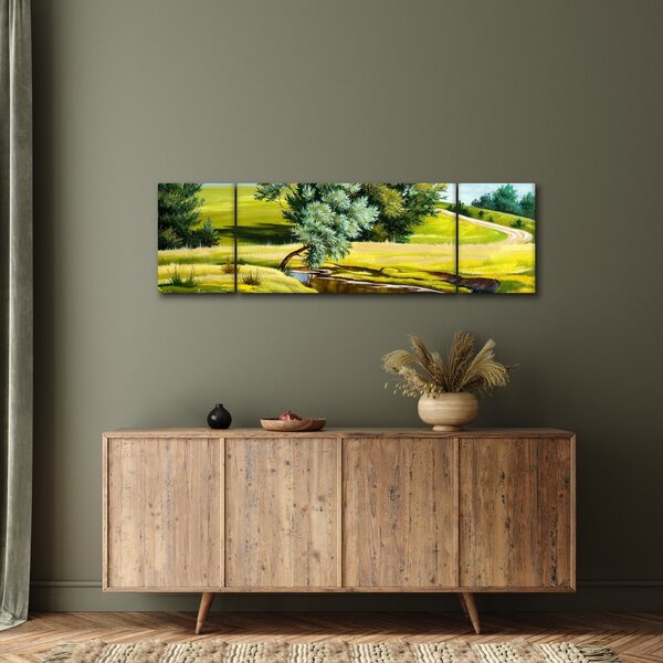 Obraz - rzeka między łąkami, obraz olejny (170x50 cm)