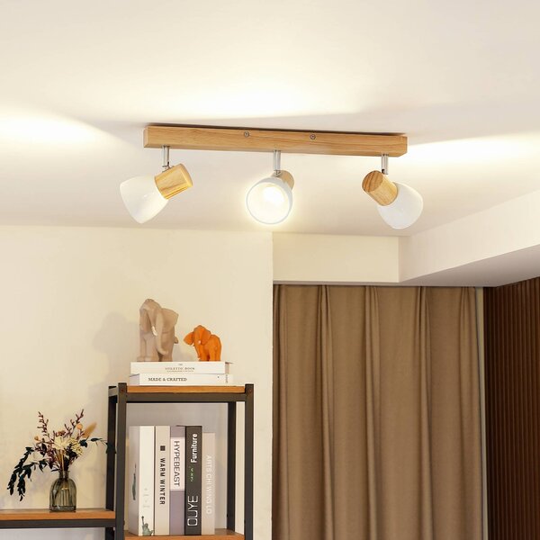 Lampa sufitowa Lindby Thorin, 47 cm, 3-punktowa, biały, drewno, E14 Thorin Lindby, możliwość ściemniania, jasne drewno, salon / jadalnia, drewno, skandynawski