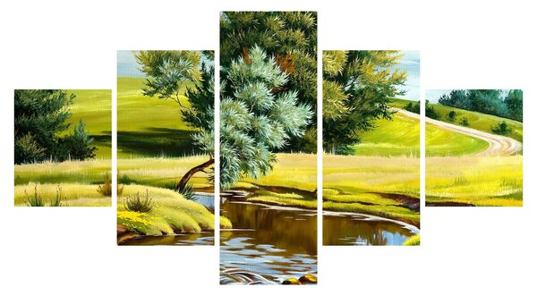 Obraz - rzeka między łąkami, obraz olejny (125x70 cm)