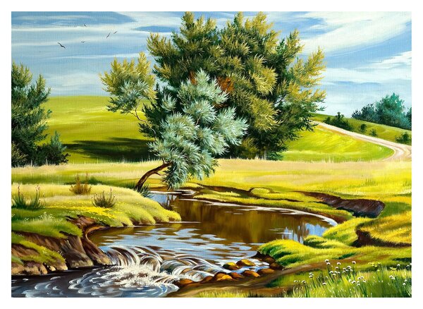 Obraz - rzeka między łąkami, obraz olejny (70x50 cm)