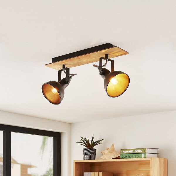 Lampa sufitowa Lindby Aylis, 2-punktowa, 40 cm, czarny, drewno, E14 Aylis Lindby, możliwość ściemniania, ciemne drewno, salon / jadalnia, metal, industrialny