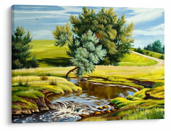 Obraz - rzeka między łąkami, obraz olejny (70x50 cm)
