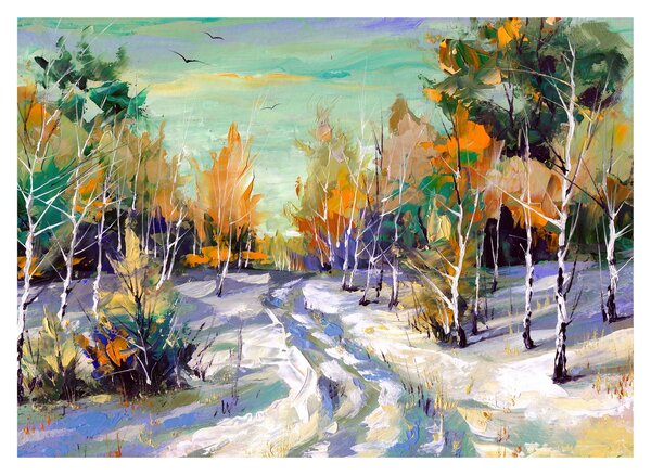 Obraz - Zaśnieżona ścieżka przez las, obraz olejny (70x50 cm)