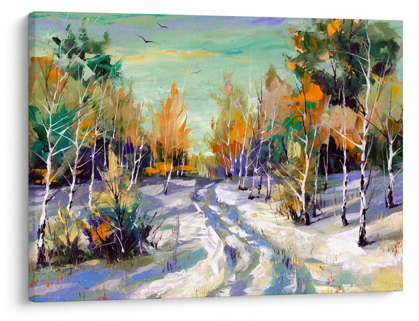 Obraz - Zaśnieżona ścieżka przez las, obraz olejny (70x50 cm)