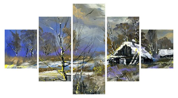 Obraz chaty w zimowym krajobrazie, obraz olejny (125x70 cm)