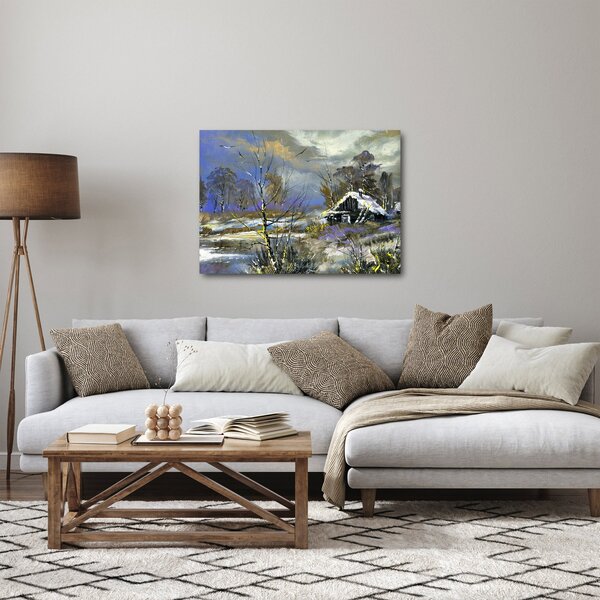 Obraz chaty w zimowym krajobrazie, obraz olejny (70x50 cm)