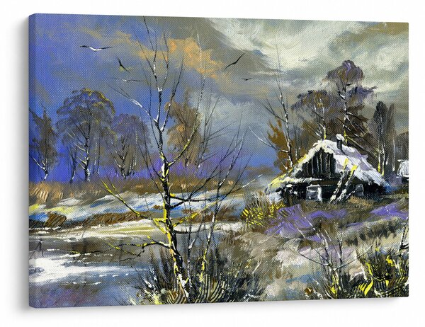 Obraz chaty w zimowym krajobrazie, obraz olejny (70x50 cm)