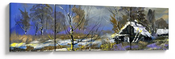 Obraz chaty w zimowym krajobrazie, obraz olejny (170x50 cm)